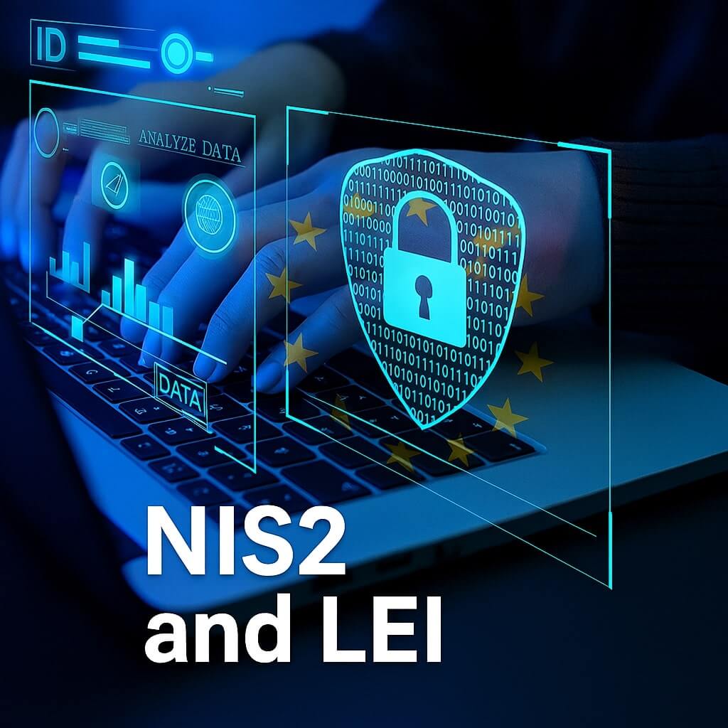 Hands typing on a laptop with digital lock and EU flag graphics, symbolizing NIS2 Directive and LEI code compliance.